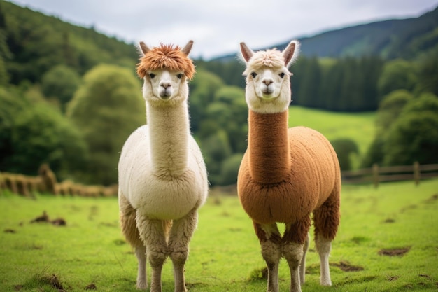 A pair of llamas in the green pasture