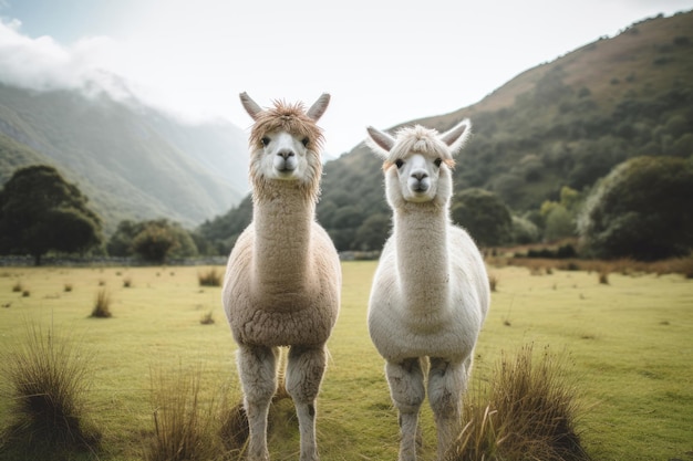 A pair of llamas in the green pasture