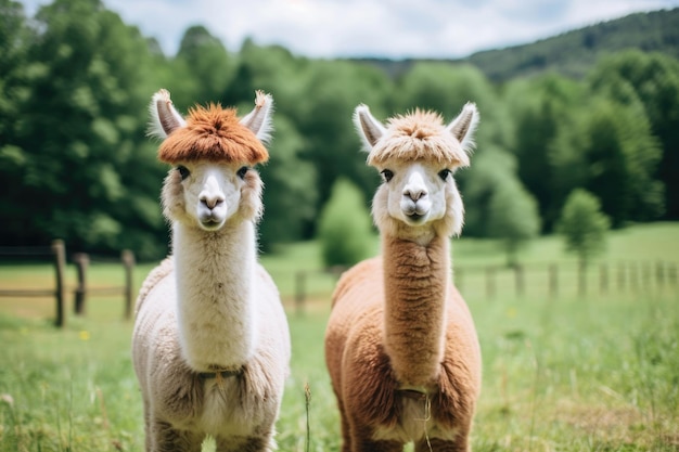 A pair of llamas in the green pasture