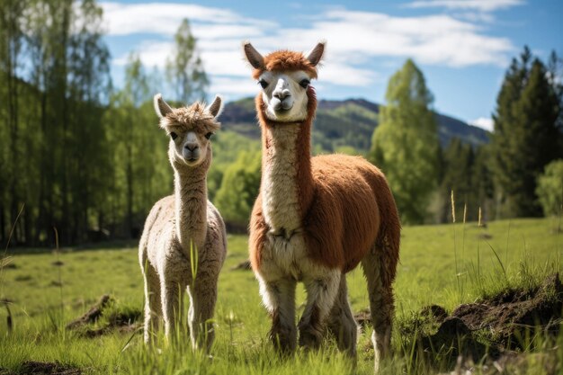 A pair of llamas in the green pasture