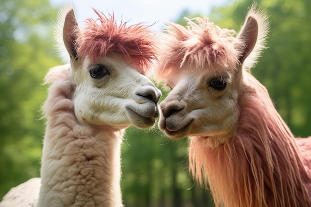 A pair of llamas in love close up