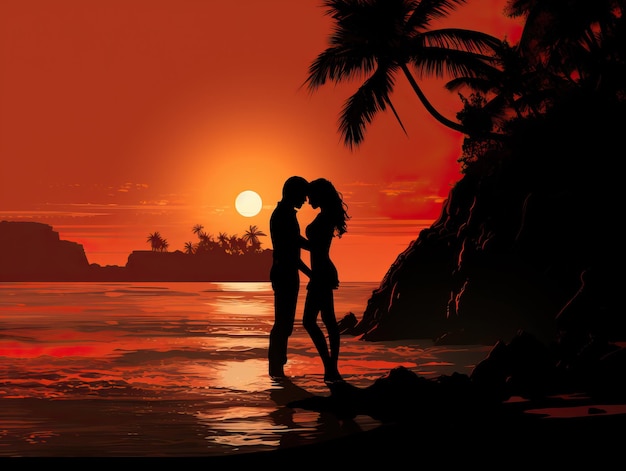 a pair of lovers kissing by the ocean at sunset in the style of physically based rendering