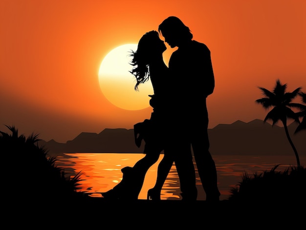 a pair of lovers kissing by the ocean at sunset in the style of physically based rendering