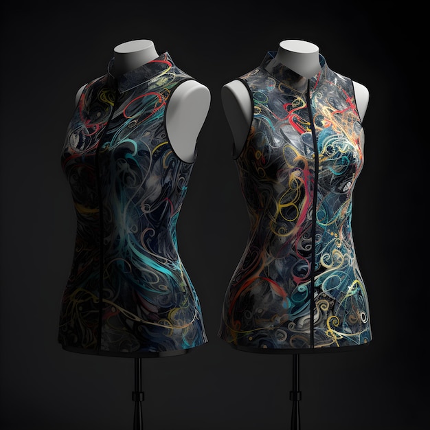 A pair of mannequins with a colorful pattern on their tops.