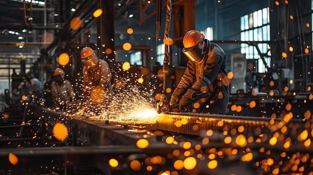 a pair of men are working on a metal piece with the word  on it