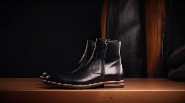 A pair of men's black leather boots are on a wooden table.