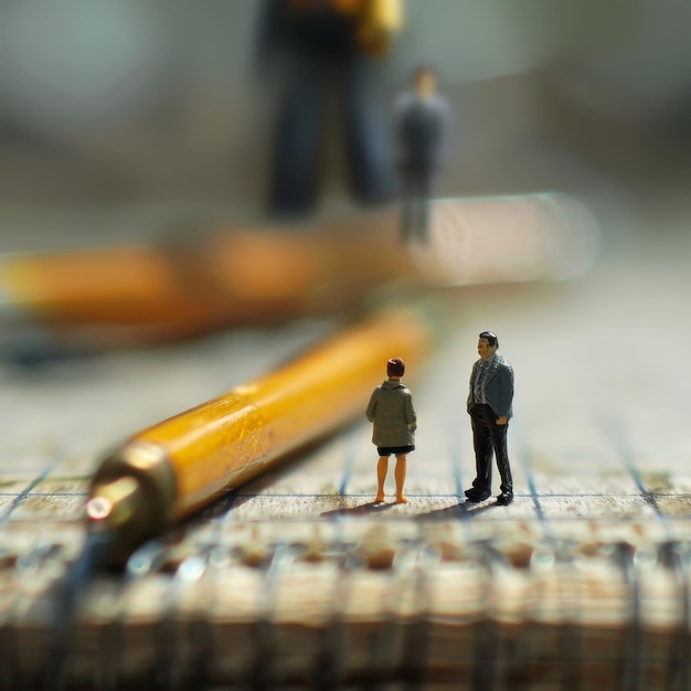 a pair of men standing next to a pencil and a figurine