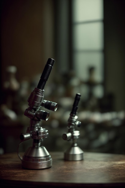 A Pair Of Microscopes Sitting On Top Of A Wooden Table