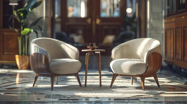 Photo pair of mid century chairs with wooden seat and back rest