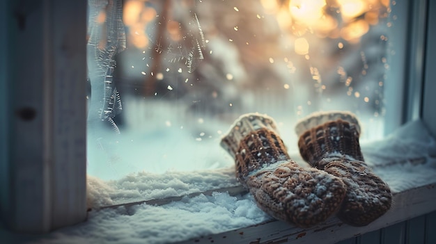 Photo a pair of mittens with a snowflake on the window sill