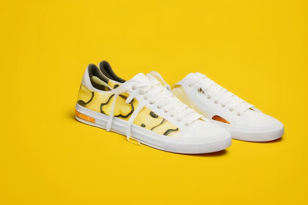 Pair of new white sneakers isolated on yellow background Studio shot