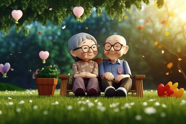 A pair of old couples produced in AI take a walk and chat in the park