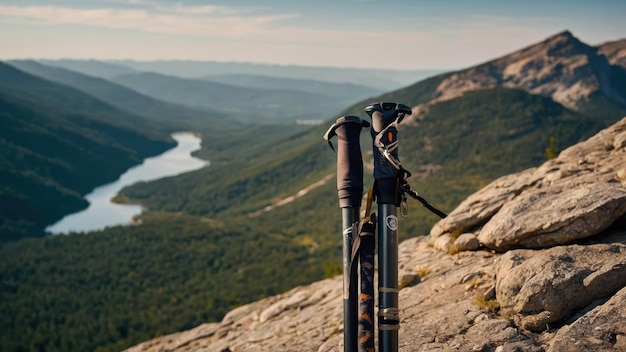 Photo a pair of old hiking poles resting against a rock on a mountain with a scenic landscape view