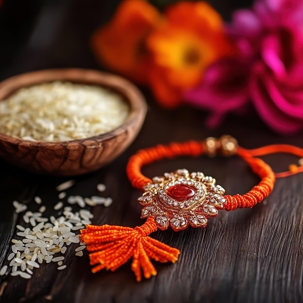 a pair of orange necklaces with flowers and a flower on the table