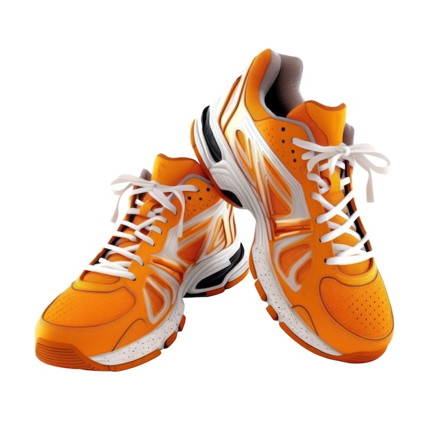 A pair of orange shoes with white laces and the word sport on the bottom.