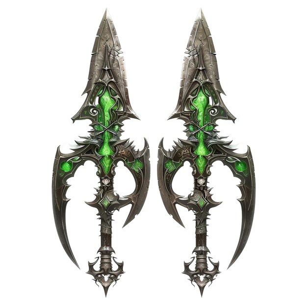 Photo a pair of ornate fantasy swords with green gemstone inlays