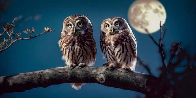 Pair of owls perched on a tree branch with a full moon and stars in the backgroundGenerative AI