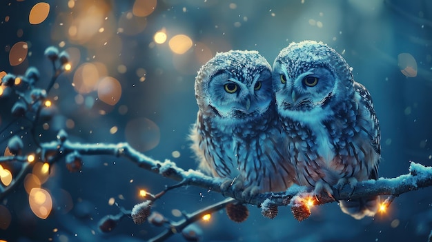 A pair of owls sitting on a branch at twilight