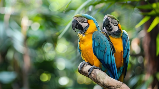 A pair of parrots perched on a branch in a tropical rainforest their colorful feathers vibrant against the green foliage