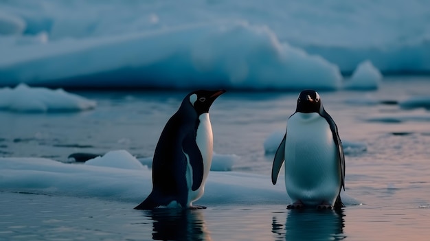 A pair of penguins stand on ice in the arctic.