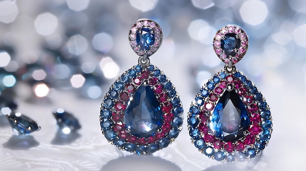 a pair of pink and blue earrings with diamonds on them