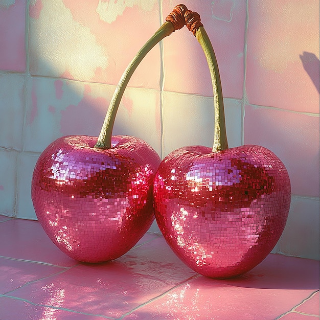 Photo a pair of pink cherries made from disco balls set against a pastel background in the style of hype