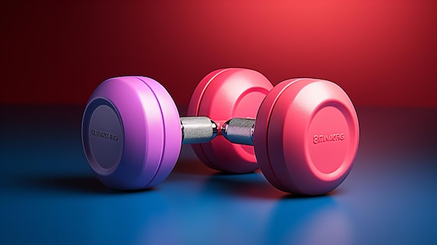 a pair of pink dumbbells sit on a blue table