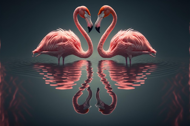 A pair of pink flamingos making a heart shape in reflection pond