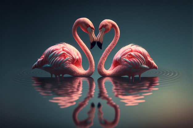 A pair of pink flamingos making a heart shape in reflection pond