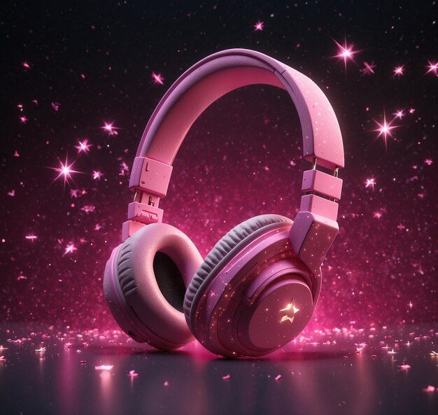 a pair of pink headphones with a purple background with stars in the background