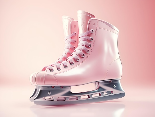 A pair of pink ice skates on a blurred light blue snowy background Barbie pink ice skates banner with copy space Winter sports or winter activities concept figure ice skating background AI