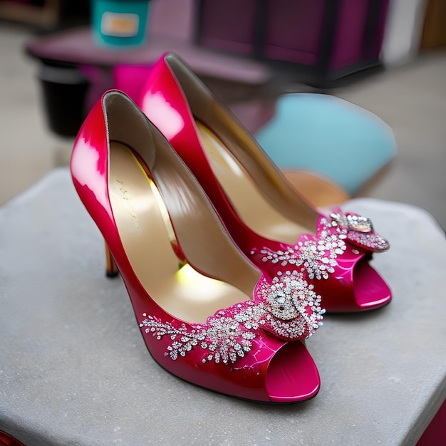 A pair of pink shoes with rhinestones and rhinestones on them.