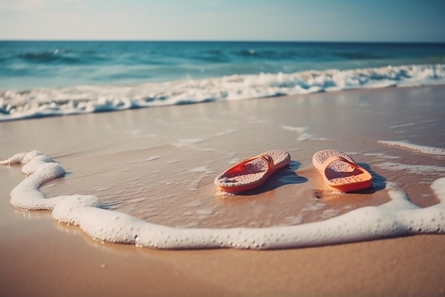 A pair of pink slippers on a beach with the ocean in the background.