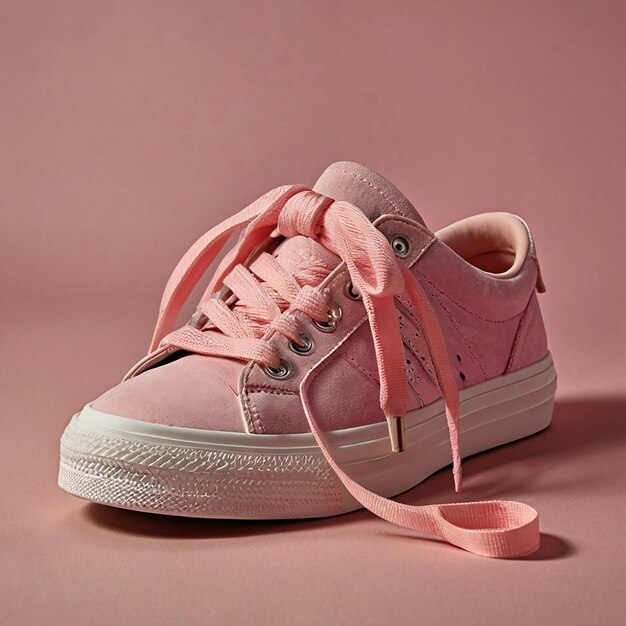 A pair of pink sneakers with laces set against a white background