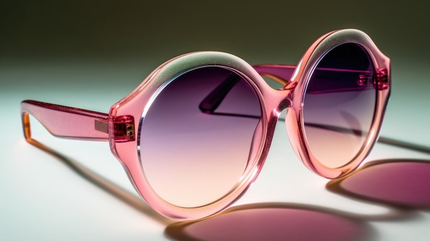 A pair of pink sunglasses with purple and pink lenses.