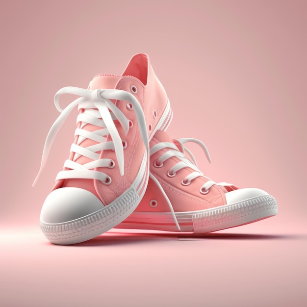 A pair of pink and white converse shoes with white laces.