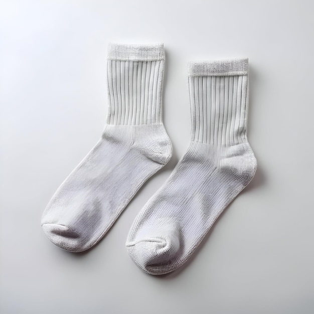 A pair of plain white crew socks laid flat on a white background