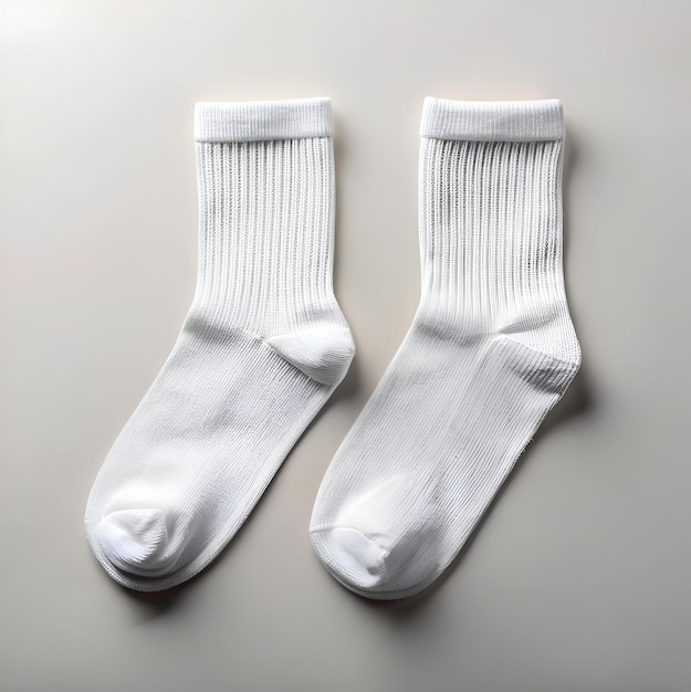 A pair of plain white socks laid flat on a light background