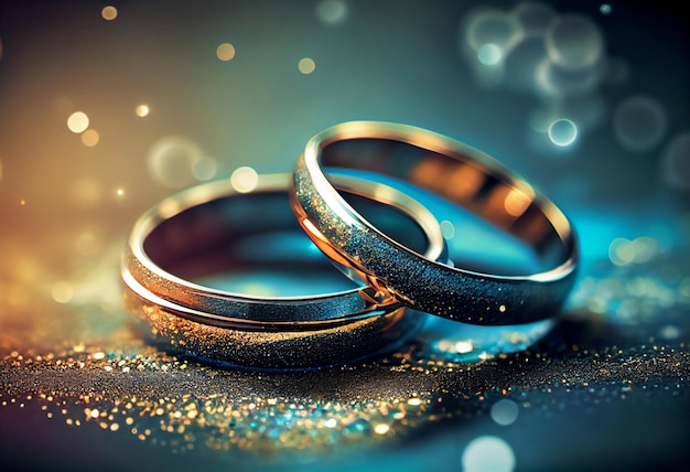 Pair of platinum wedding rings Glitter background AI Generated