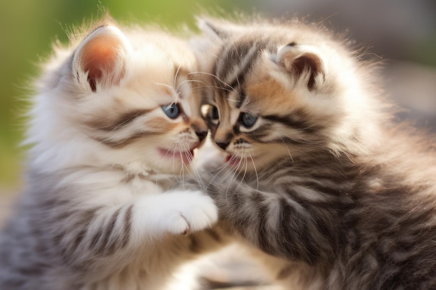 Pair of playful kittens playing in the garden