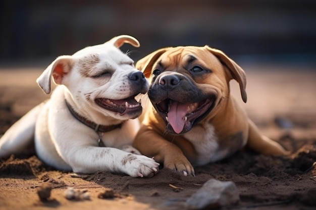 Pair of playful pet engaged in a friendly wrestling match