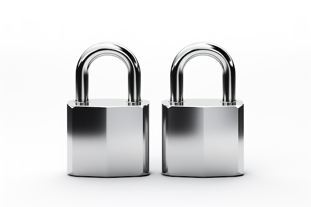 A Pair of Polished Padlocks Standing Side by Side on a White Background on White or PNG Transparent Background