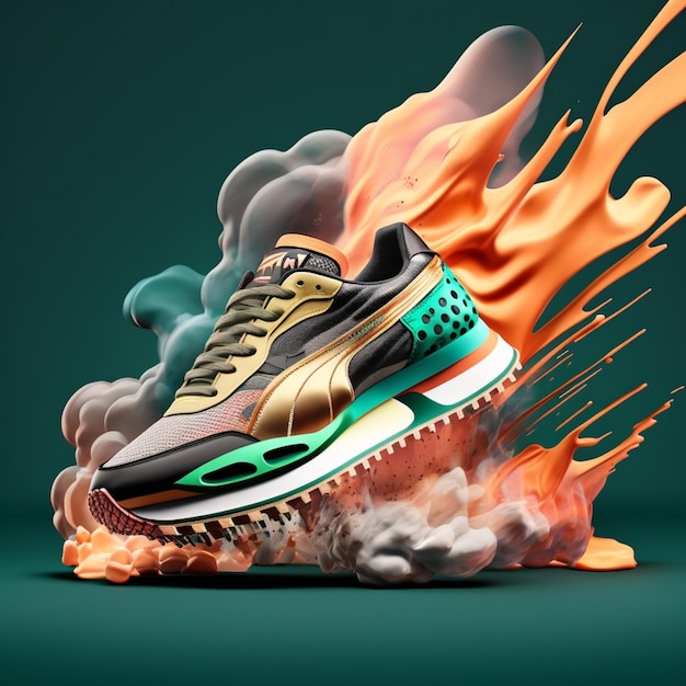 A pair of puma shoes is on fire and the word " on the bottom. "