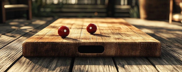 Photo pair of red backgammon dice with white dots rest on a wooden cutting board on a sunlit deck