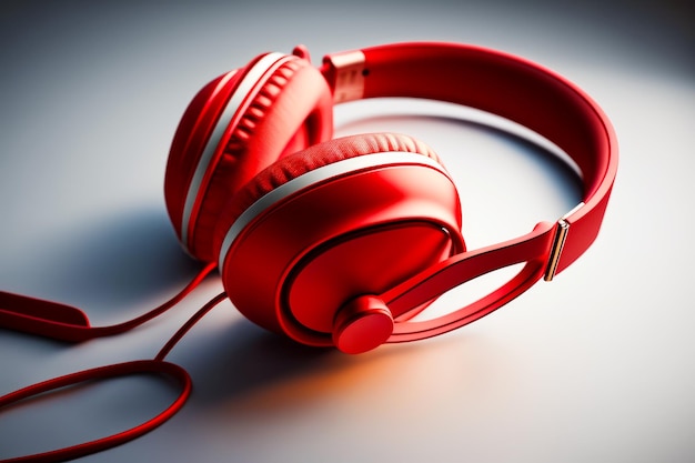 Pair of red headphones sitting on top of white counter top Generative AI