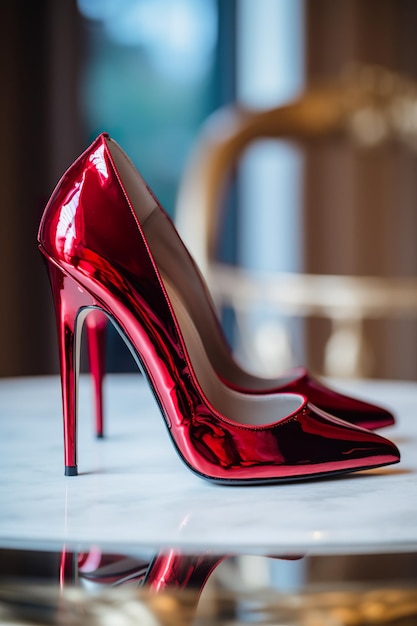 A pair of red high heels sitting on top of a table Generative AI image