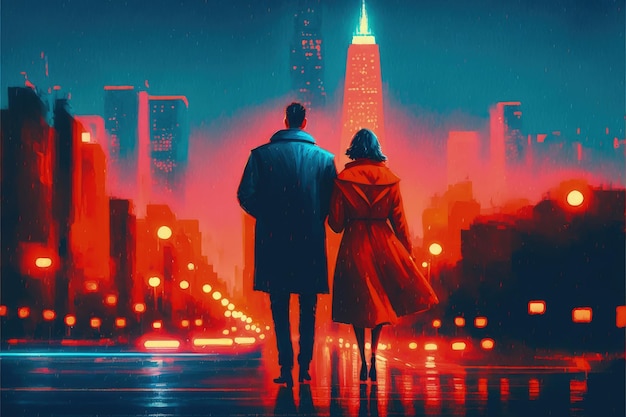 Pair in red standing in azure cityscape Fantasy concept Illustration painting Generative AI