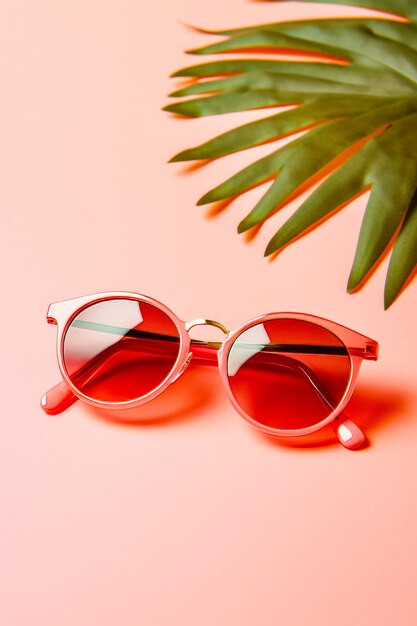 Pair of red sunglasses sitting on top of pink surface next to palm leaf Generative AI