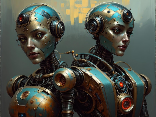 A pair of robots with blue and gold on them