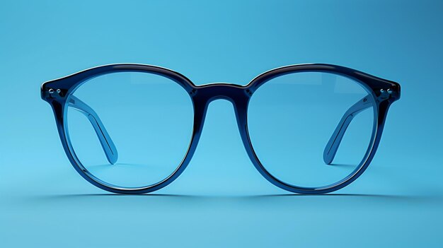 A pair of round blue glasses on a blue background